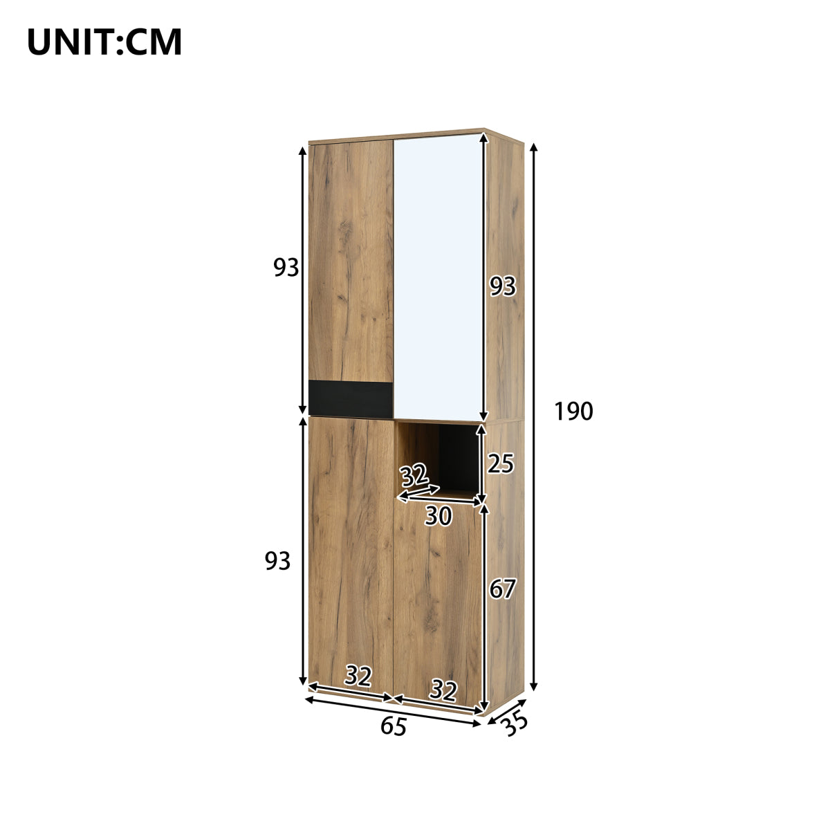 Hochschrank Schwarz/Natur 65x35x190 cm mit Spiegel, 4 Türen & offenem Fach, Mehrzweckschrank mit Stauraum