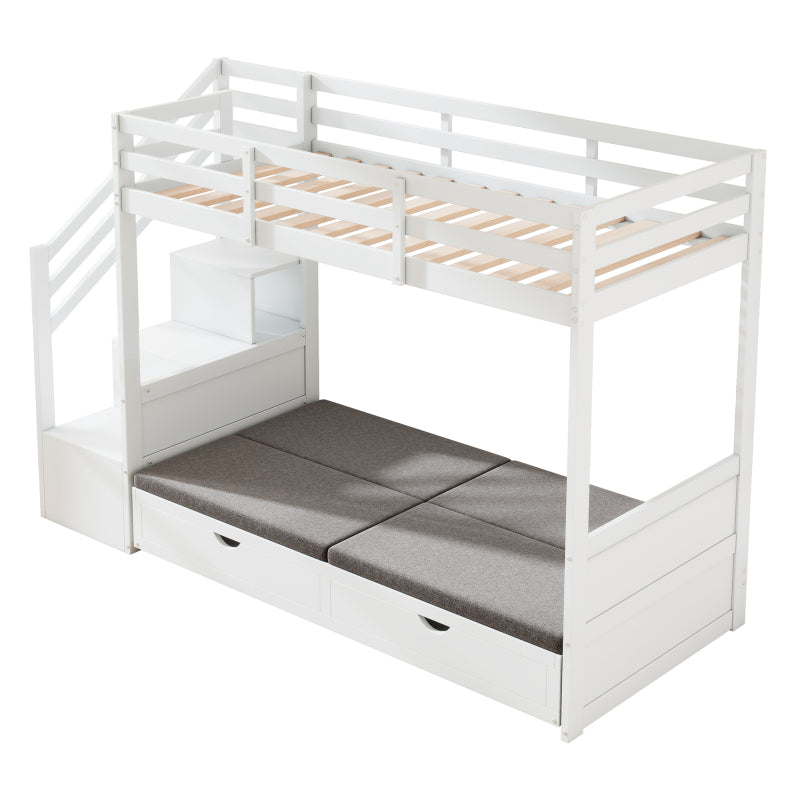 Kinder-Etagenbett, Doppelbett, multifunktionales Kinderbett,Mit Treppenschrank und 2 Schubladen, ohne Matratze, Die untere Ebene als Bett oder Sofa genutzt und enthält Kissen , weiß, 90*200