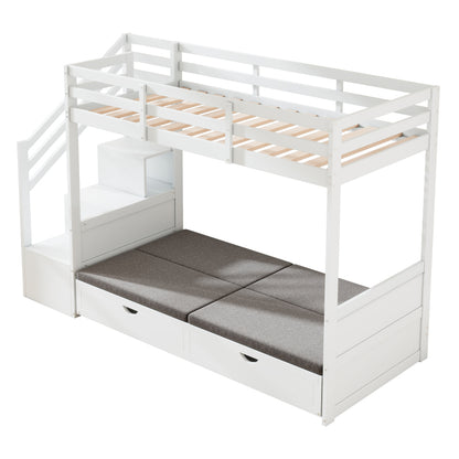 Kinder-Etagenbett, Doppelbett, multifunktionales Kinderbett,Mit Treppenschrank und 2 Schubladen, ohne Matratze, Die untere Ebene als Bett oder Sofa genutzt und enthält Kissen , weiß, 90*200