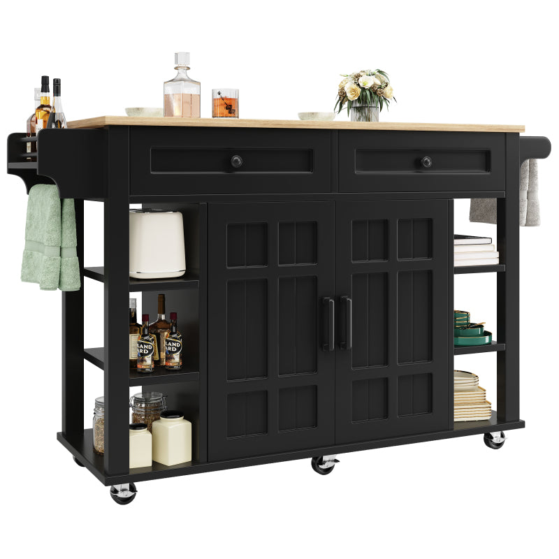 Kücheninsel mit herausnehmbaren Trennwänden, Esszimmerwagen mit Arbeitsplatte, Buffetschrank, Esszimmerwagen mit Holzmaserung, Handtuchhalter beidseitig mit Rollen, schwarz