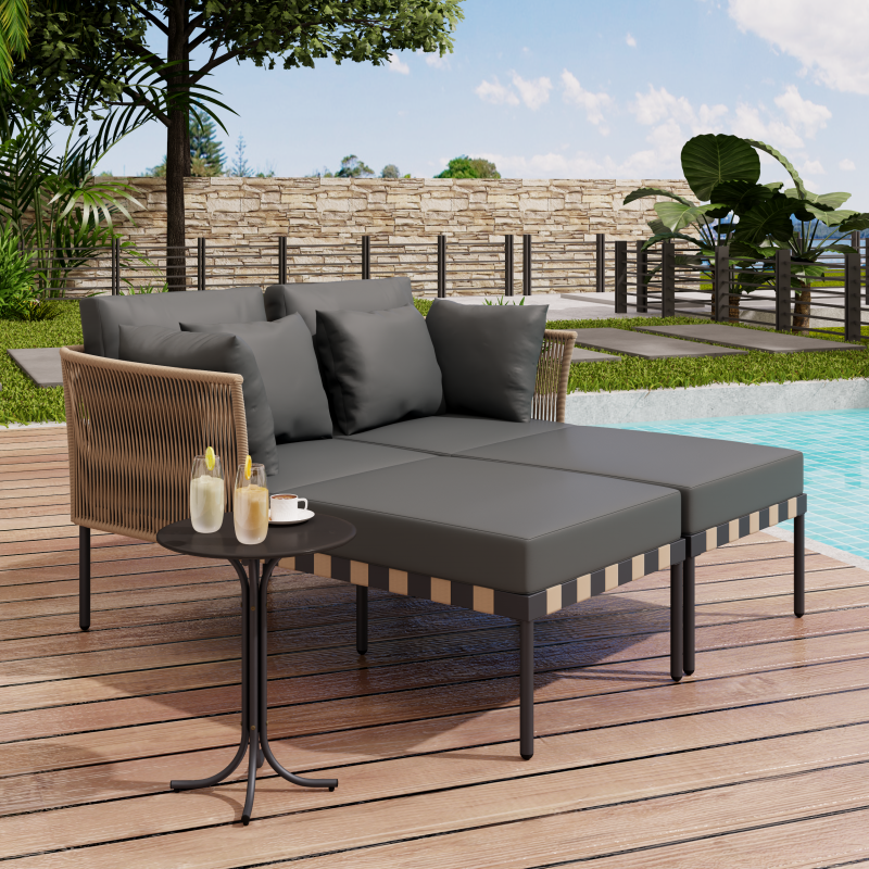 Gartensofa, Outdoor Loungesessel, Abnehmbarer und Modularer Garten Loungesessel, Balkonmöbel-Set, Loungemöbel, Terrassenmöbel mit 4 Kissen, Couchtisch mit Abnehmbaren und Waschbaren Kissen, Grau