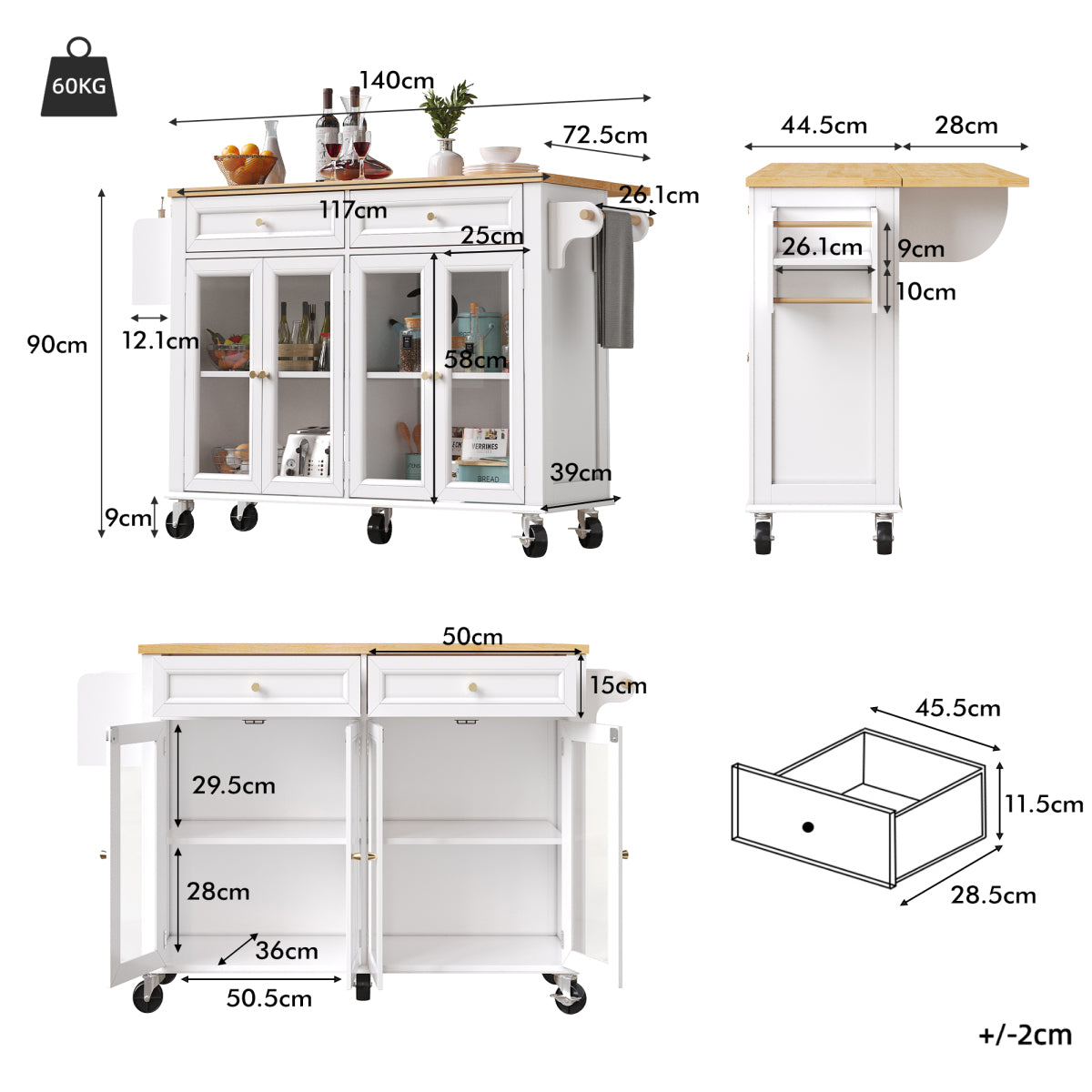 Kücheninsel mit Rollen & Glastüren, klappbare Arbeitsplatte, mobiler Servierwagen mit Schublade & Regal, Küchenwagen Weiß & Holzoptik