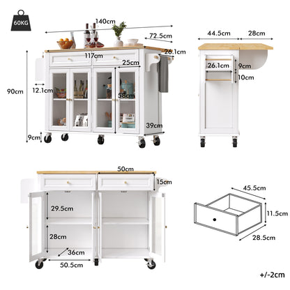 Kücheninsel mit Rollen & Glastüren, klappbare Arbeitsplatte, mobiler Servierwagen mit Schublade & Regal, Küchenwagen Weiß & Holzoptik