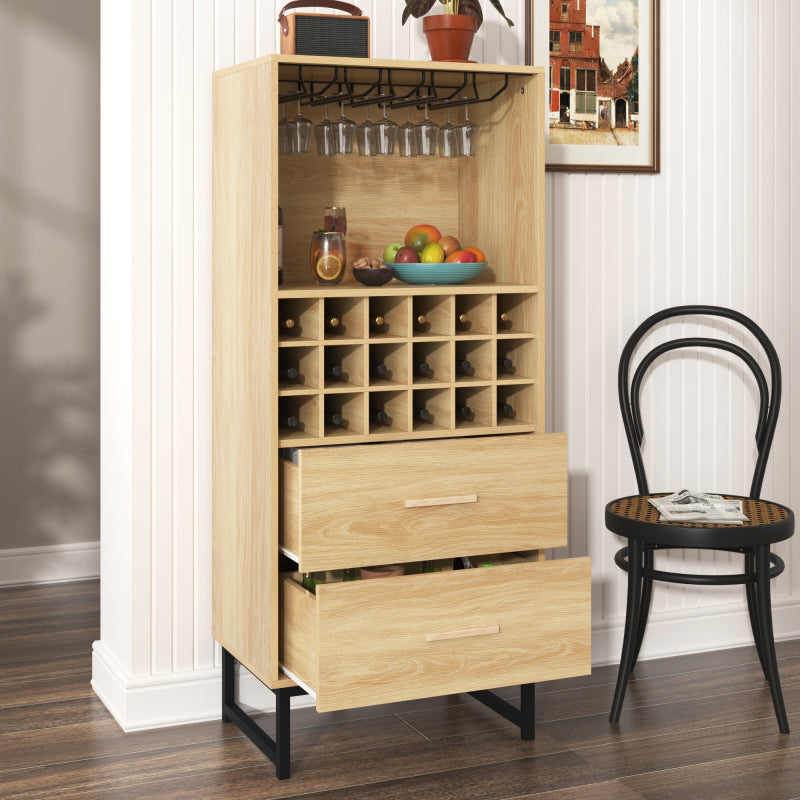 Sideboard, Stilvoller Weinschrank mit zwei Schubladen, 18 Fächern und Gläserhalterung – Mattschwarze Metallfüße – Perfekt für Weinliebhaber