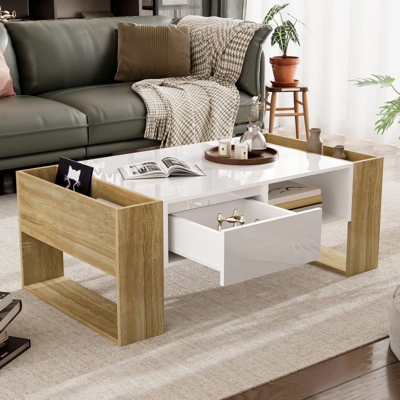 Moderner Couchtisch 105 x 60 x 40 cm - teilweise hochglanz, mit Schubladen und offenen Fächern
