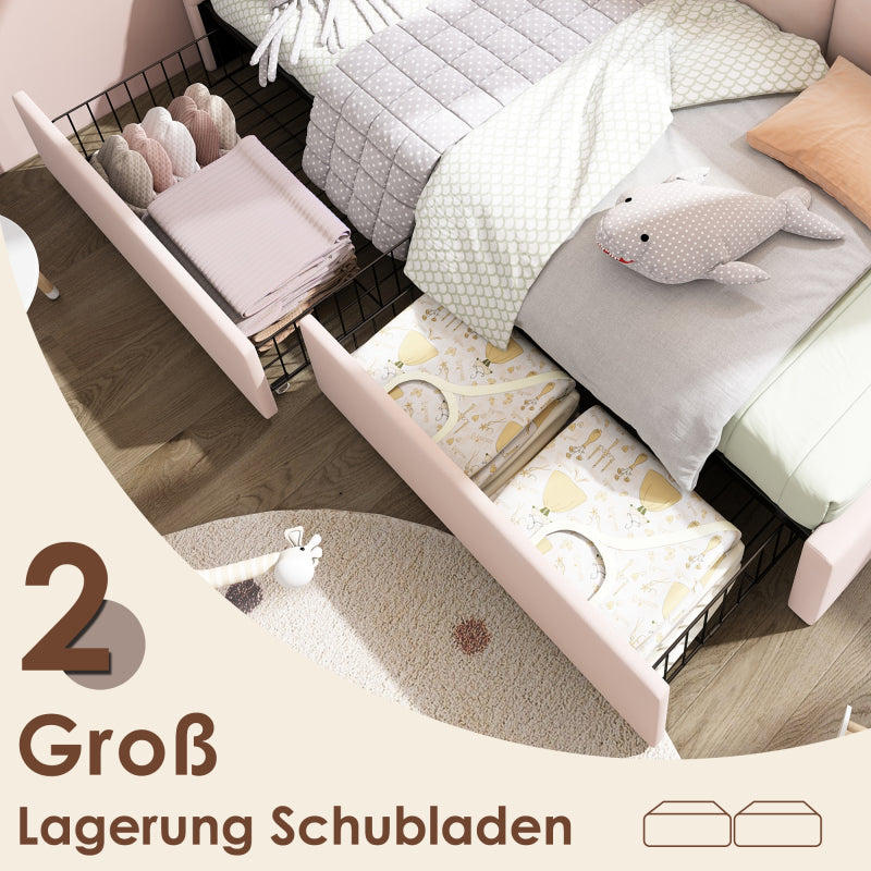 Polsterbett Einzelbett mit Schubladen Stauraumbett Samt Daybett Tagesbett Schlafsofa 90x190cm mit Lattenrost Jugendbett und Erwachsene Kinderbett,Rosa(Ohne Matratze)