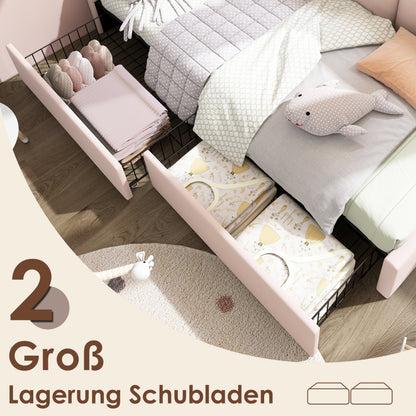Polsterbett Einzelbett mit Schubladen Stauraumbett Samt Daybett Tagesbett Schlafsofa 90x190cm mit Lattenrost Jugendbett und Erwachsene Kinderbett,Rosa(Ohne Matratze)