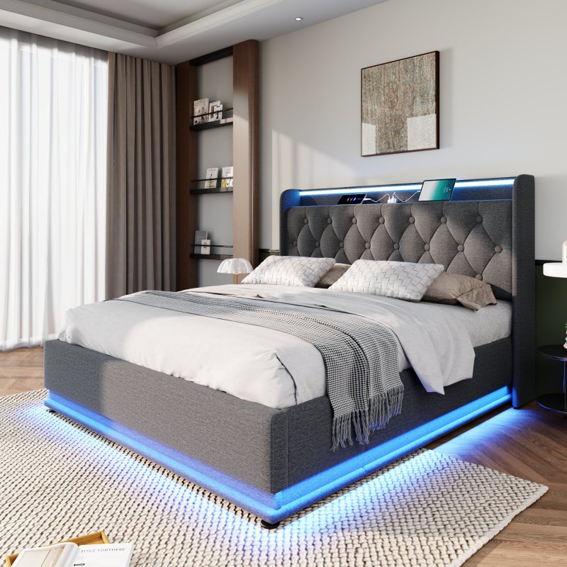Polsterbett Doppelbett, 360-Surround-LED-Funktion, Drucktaste/App/Fernbedienung,160*200 cm,Grau Leinen-Material Hydraulisches Lagerbett, gepolstertes Kopfteil mit USB Typ-C Ladefunktion(Mit Matratze)