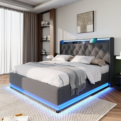 Polsterbett Doppelbett, 360-Surround-LED-Funktion, Drucktaste/App/Fernbedienung,160*200 cm,Grau Leinen-Material Hydraulisches Lagerbett, gepolstertes Kopfteil mit USB Typ-C Ladefunktion(Mit Matratze)