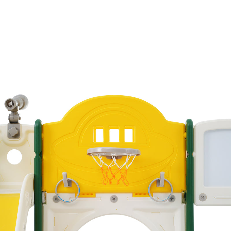 10 in 1 Kinderrutsche Kletterspielzeug, Multifunktionsrutsche Rutschen, freistehende Rutsche, Klettern, Bohrspiel, Stauraum, Spielkorridor, Basketballkorb, Lasso-Spiel, Reißbrett, Golfspiel, Teleskop