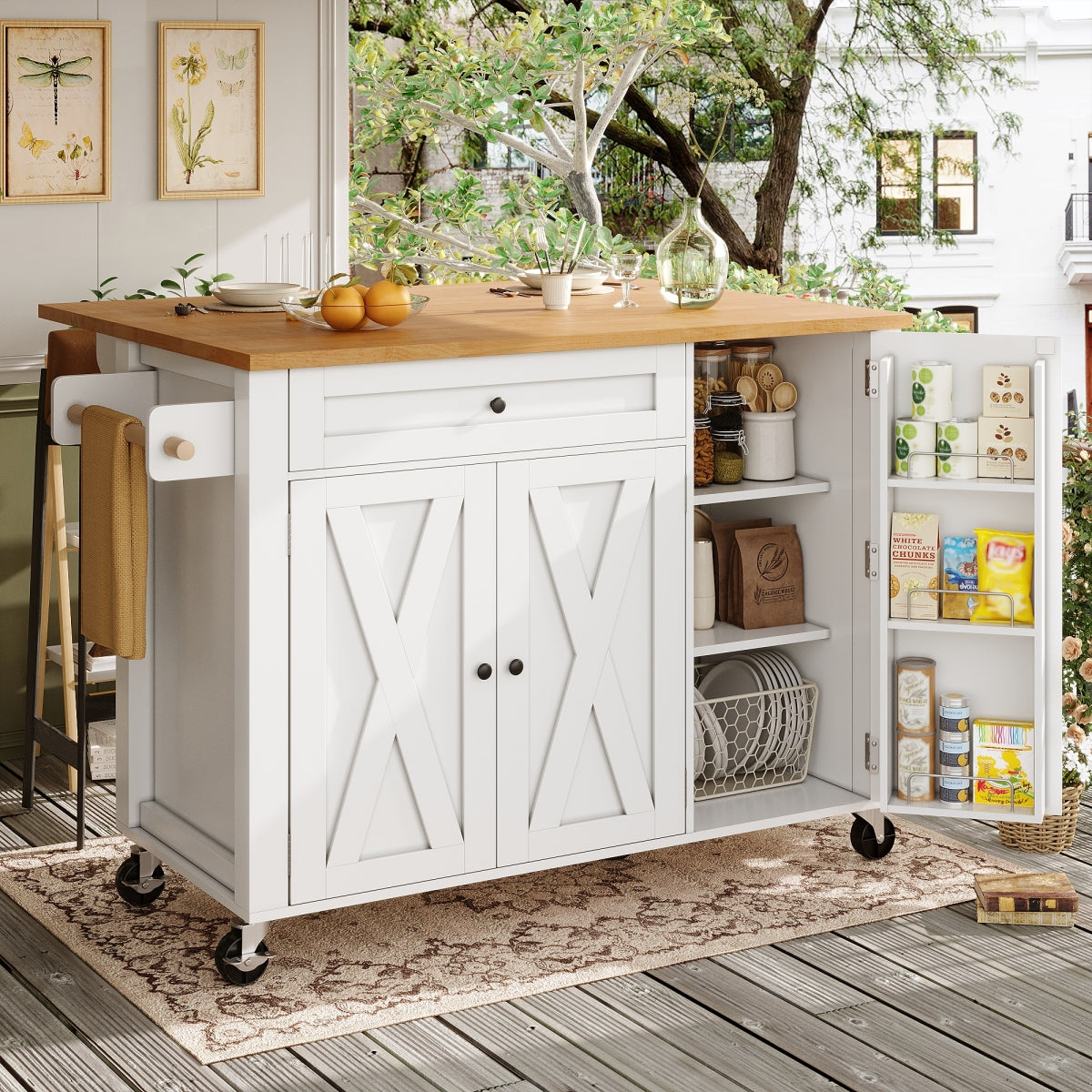 Kücheninsel mit Rollen & klappbarer Arbeitsplatte, Küchenwagen mit 3 Türen & Schublade, Sideboard inkl. Gewürzregal & Handtuchhalter, 99cm