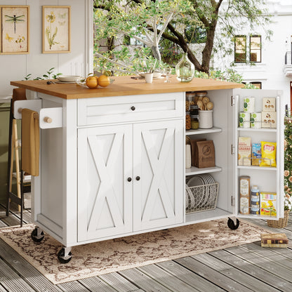 Kücheninsel mit Rollen & klappbarer Arbeitsplatte, Küchenwagen mit 3 Türen & Schublade, Sideboard inkl. Gewürzregal & Handtuchhalter, 99cm