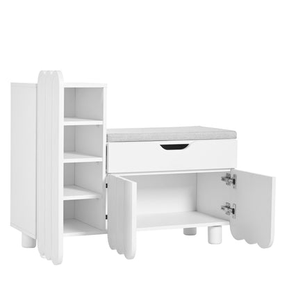 Moderner 3-Türen-Schuhschrank mit Schublade & Sitzpolster, Stilvolle Schuhbänke für Flur und Eingangsbereich, Weiß