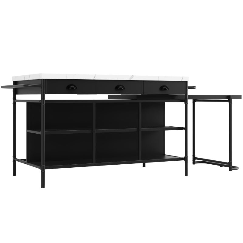 Kücheninseln, Ausziehbare Kunstmarmorplatte Industrial mit 3-Schubladen, Multifunktionales Küchen- und Esszimmer-Möbel, Kücheninsel Küchenregal Küchewagen Sideboard, MDF Arbeitsplatte Küche Regal