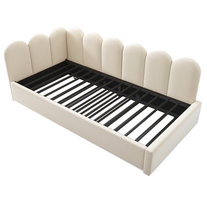 Polsterbett Daybett 90x200cm,Tagesbett Schlafsofa mit Ausziehbett 90x190cm, Kinderbett mit Lattenrost, Samt,Beige, ohne Matratze
