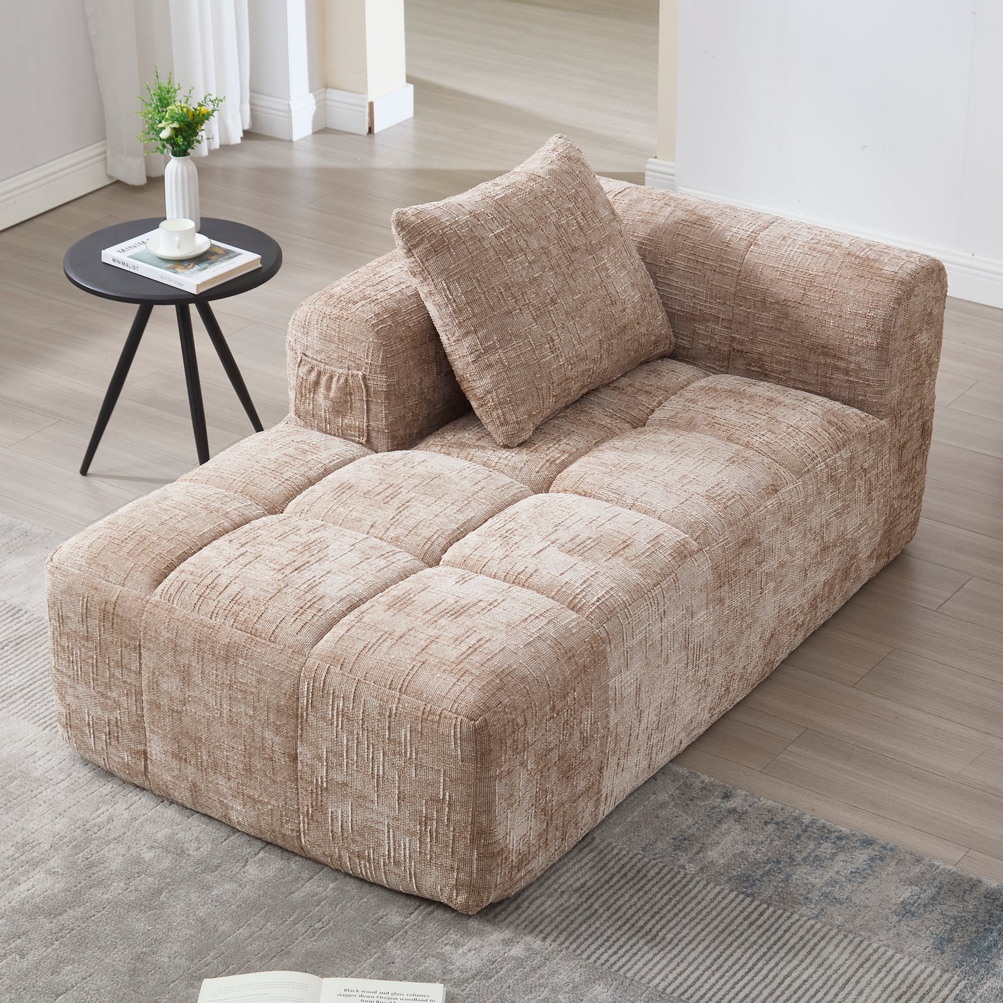 Modernes Sektionssofa, L-Sofa, 3-Sitzer-Sofa, keine Installation erforderlich, Chenille-Sofa mit Chaiselongue und Armlehnen, 3 Kissen, Seitentasche für Fernbedienung, khaki