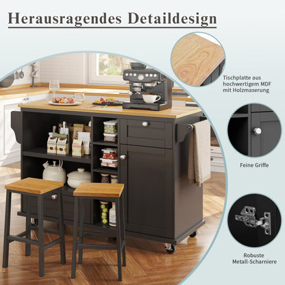 Esszimmerwagen (129 x 46 x 92 cm), moderner und einfacher schwarzer, beweglicher Küchen-Esswagen mit Schubladen und Lagerschränken, hellbraune Holzarbeitsplatte, geeignet für moderne Familien