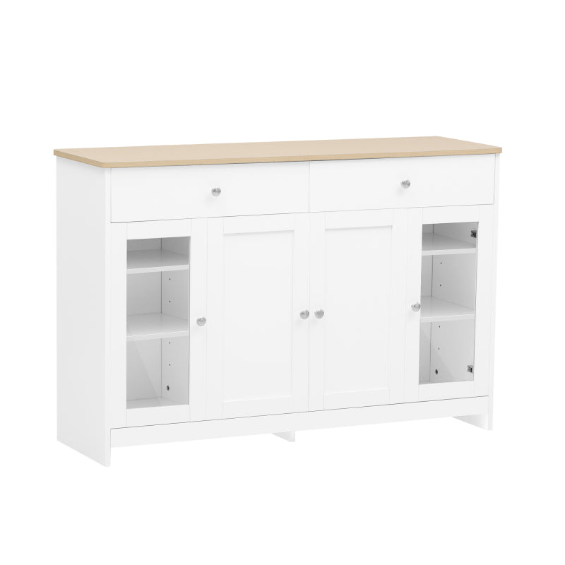 Sideboard mit weißer Holzmaserung, vier Türen, mit zwei Schubladen, Tür mit Glas. Wohnzimmer, Esszimmer. Holzfarbe und Weiß