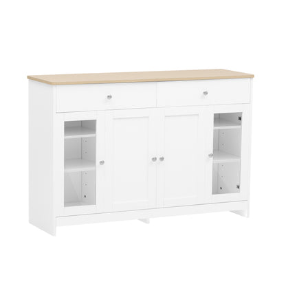 Sideboard mit weißer Holzmaserung, vier Türen, mit zwei Schubladen, Tür mit Glas. Wohnzimmer, Esszimmer. Holzfarbe und Weiß