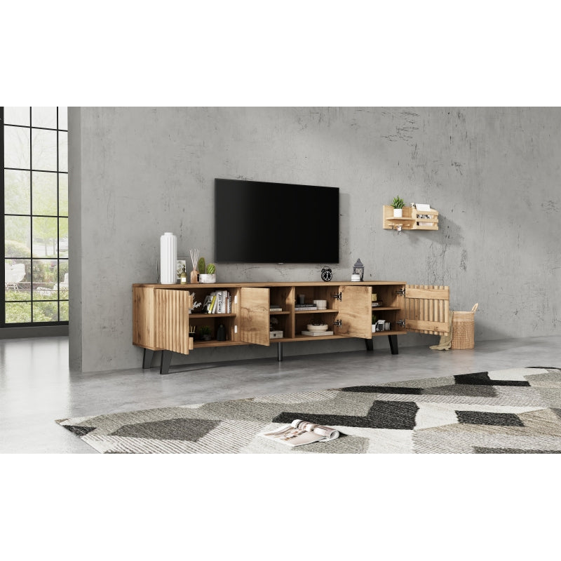 180 x 40 x 55 cm TV-Schrank, Lowboards  in Originalholzfarbe, 8 separate Ablagefächer, TV-Ständer, TV-Konsolen-Entertainment-Center passend für 70-Zoll-Fernseher, geeignet für Wohnzimmer