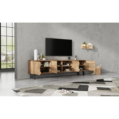 180 x 40 x 55 cm TV-Schrank, Lowboards  in Originalholzfarbe, 8 separate Ablagefächer, TV-Ständer, TV-Konsolen-Entertainment-Center passend für 70-Zoll-Fernseher, geeignet für Wohnzimmer