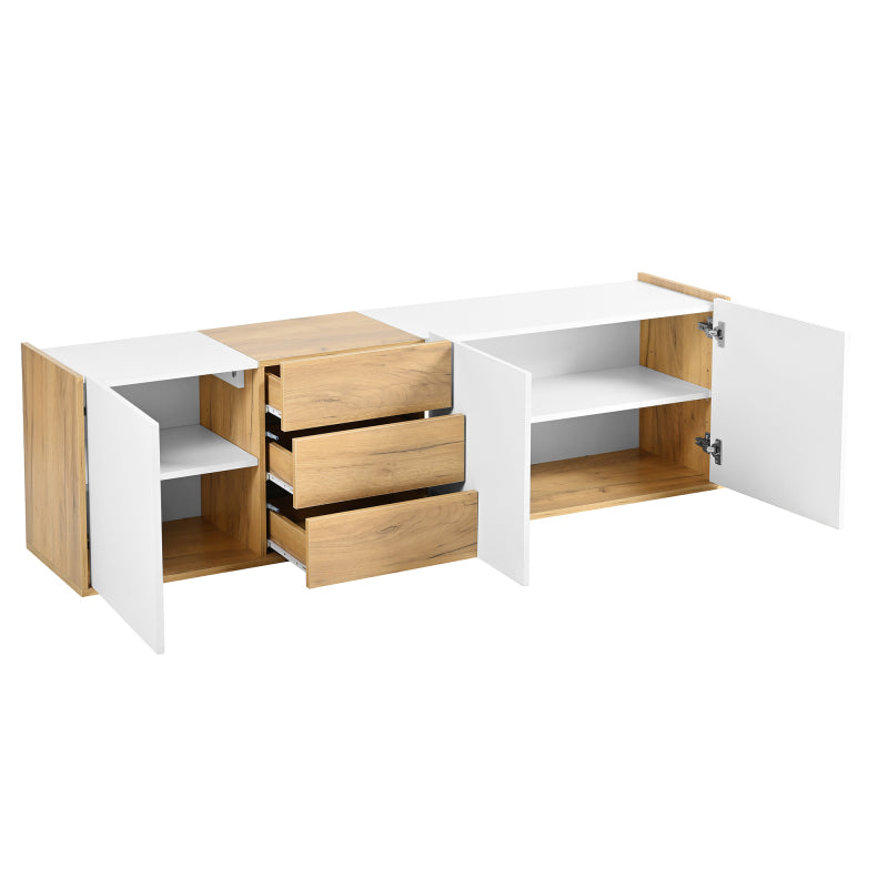 TV-Schrank, niedriges Paneel in Weiß und Holzfarben, TV-Möbel, die an die Wand gehängt oder auf den Boden gestellt werden können