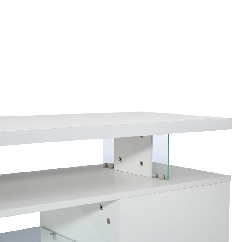 Moderner Low-Panel-Hochglanz-TV-Ständer mit LED-Beleuchtung, TV-Panel, TV-Glasschrank für 60-Zoll-Fernseher, Tische, universelle Gaming-Medienständer, Stauschränke und große Stauräume, Reinweiß