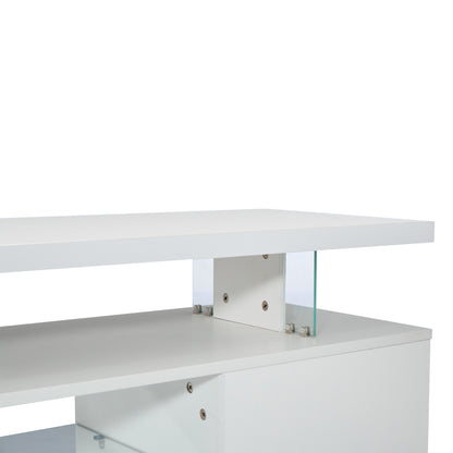 Moderner Low-Panel-Hochglanz-TV-Ständer mit LED-Beleuchtung, TV-Panel, TV-Glasschrank für 60-Zoll-Fernseher, Tische, universelle Gaming-Medienständer, Stauschränke und große Stauräume, Reinweiß