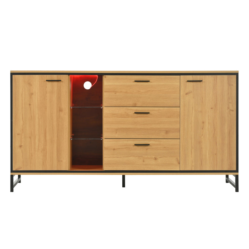 Sideboard mit drei Schubladen, exquisite Maserung. Modernes Sideboard in Holzfarbe mit Ablagefächern – stilvolle und funktionale Wohnmöbel. Schwarz und Holzfarbe.
