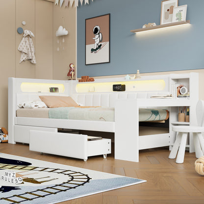 Gepolstertes 90x200 Daybed mit USB-Anschlüssen und LED-Gürtel, mit Schreibtisch und 2 Schubladen, weiß