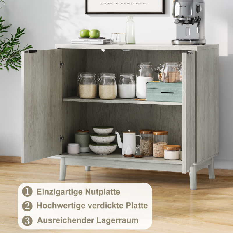 Rillenkantenschrank, unabhängiges Buffet mit verstellbaren Regalen, Holzschrank, passend für Wohnzimmer, Flur, Eingang, Grau