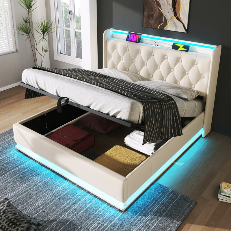 Polsterbett Doppelbett, 360-Surround-LED-Funktion, Drucktaste/App/Fernbedienung, 160*200 cm, weiß PU-Material Hydraulisches Lagerbett, gepolstertes Kopfteil mit USB Typ-C Ladefunktion (Mit Matratze)