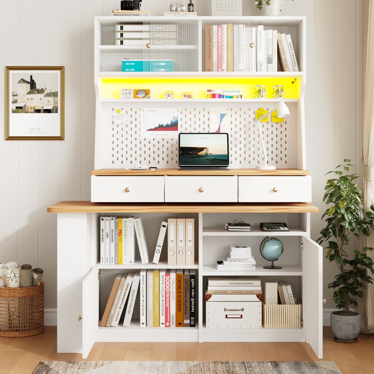 Küchenschrank 137x45x178cm hohes Küchenbuffet mit LED-App-Steuerung, Ausziehbarer Tischplatte & Stecktafel, Mehrzweckschrank MDF Weiß/Holz