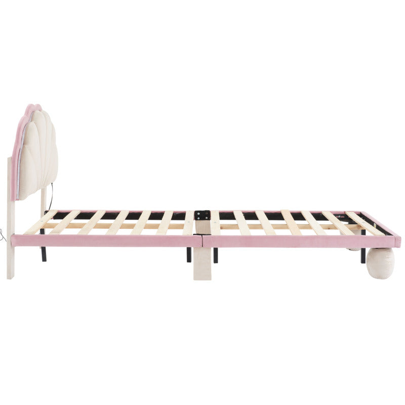 Polsterbett mit mehrfarbigen, wechselnden LED Lichtstreifen, Kopfteil mit Wellenschliff, mit gepolsterter runden Beine, Kinderbett mit Holzlatten, Einzelbett, Samt, Beige+Rosa, 90x200cm