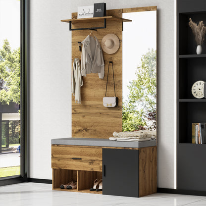 Garderoben Set in Holzoptik mit Spiegel, Schuhbank (104 x 39 cm) mit Polster, Schuhschrank, Schublade, Regal, Kleiderhaken – Praktisches Design für den Eingangsbereich