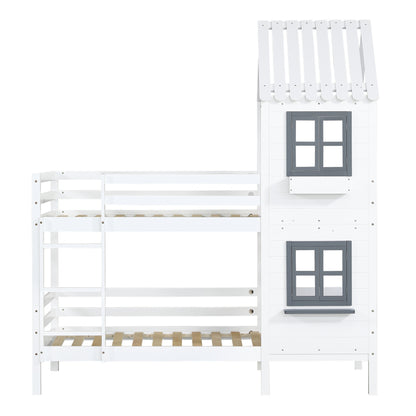 Etagenbett mit Handlauf und Fenster, Hausbett, Kinderbett mit Fallschutz und Gitter, Rahmen aus Kiefer, weiß (90x200cm) [29590567WAA]