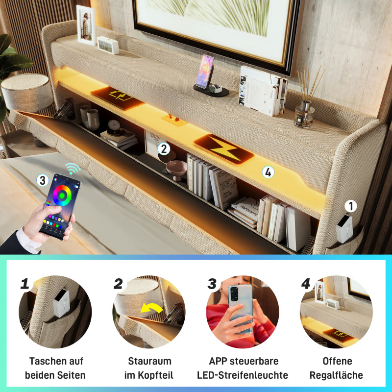 Polsterbett Einzelbett 90*200, Stauraum Kopfteil mit USB und Typ C-Port ,360-Surround-LED-Funktion rund um Kopf- und Fußende des, Betten mit Hydraulisch Stauraum, Beige , Leinen(Ohne Matratze)