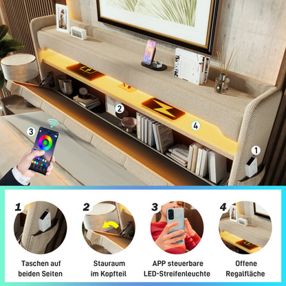 Polsterbett Einzelbett 90*200, Stauraum Kopfteil mit USB und Typ C-Port ,360-Surround-LED-Funktion rund um Kopf- und Fußende des, Betten mit Hydraulisch Stauraum, Beige , Leinen(Ohne Matratze)