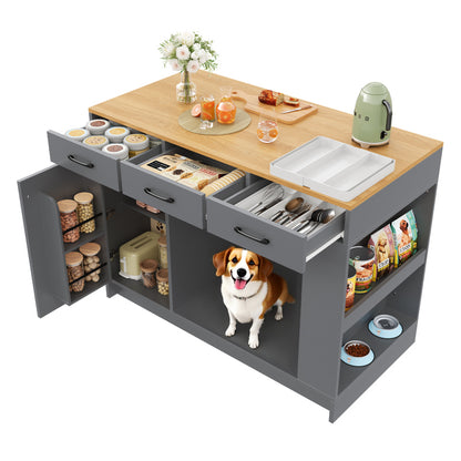 Kücheninsel, verstellbare Glasplatte, Doppelablage (ohne Hundefutter Teller), geräumiger Haustier Aufbewahrung Bereich (ohne Hundekissen), grau