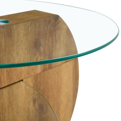 Moderner minimalistischer gehärteter Glas-Couchtisch, mehrschichtiges Design, mit natürlichen Holz-Textur-Aufklebern