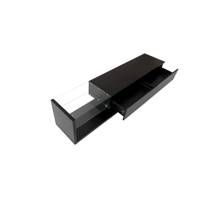TV-Schränke, Lowboards, Hochglanz-Wohnzimmermöbel. Glastrennwände und variable LED-Beleuchtung. Es verbindet natürlichen, rustikalen Stil mit modernem Design.