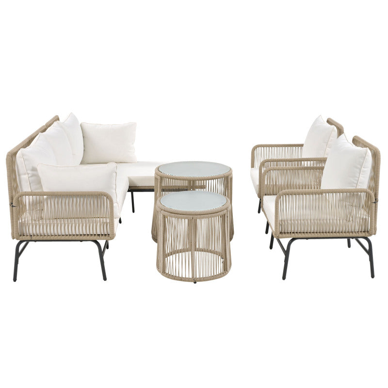 Gartenlounge-Set, Gartenmöbel-Set, Mit Eisenrahmen und beigem Seil, Gartenmöbel aus gewebtem Seil für den Außenbereich, Beige, Zwei Sessel, zwei 2-Sitzer-Sofas und zwei Tische (alle Kissen inklusive)