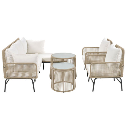 Gartenlounge-Set, Gartenmöbel-Set, Mit Eisenrahmen und beigem Seil, Gartenmöbel aus gewebtem Seil für den Außenbereich, Beige, Zwei Sessel, zwei 2-Sitzer-Sofas und zwei Tische (alle Kissen inklusive)