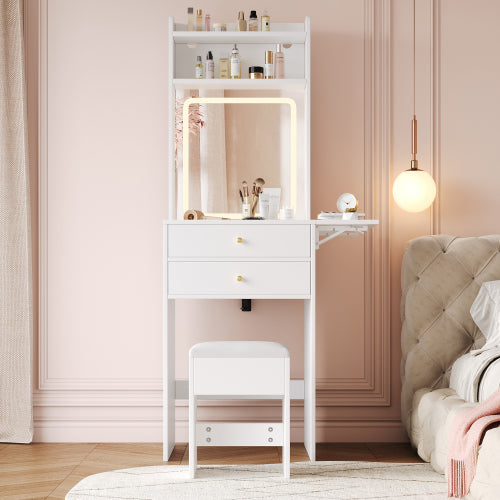 Schminktisch mit klappbarer Tischplatte, Frisiertisch Weiß 75cm, LED Spiegel (dimmbar, 3 Farben) & Stauraum