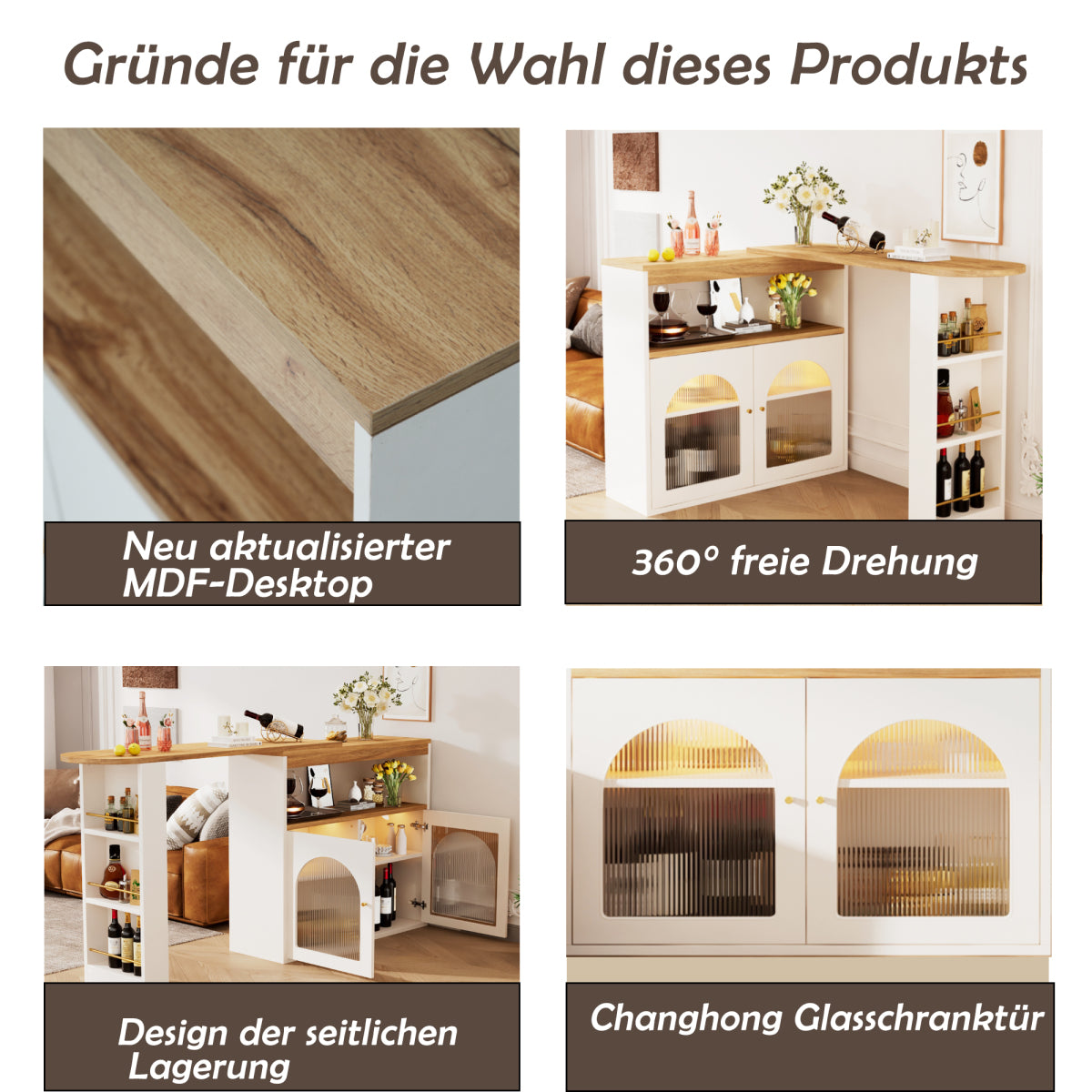 Bartisch ausziehbar 138-193cm, 360° drehbarer Stehtisch mit LED & Glasfront, Bistrotisch mit Regal, Esstisch mit Stauraum, Weiß