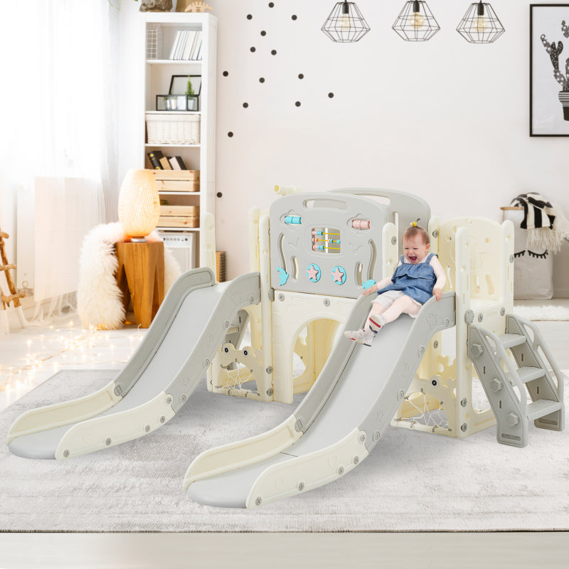 Kinderspielplatz-Set 8-in-1, Freistehendes Meerestier-Motiv-Set mit Rutsche, Bogentunnel, Basketballkorb und Teleskop, Doppelte Rutschen für Kleinkinder, Klettergerüst für Kinder
