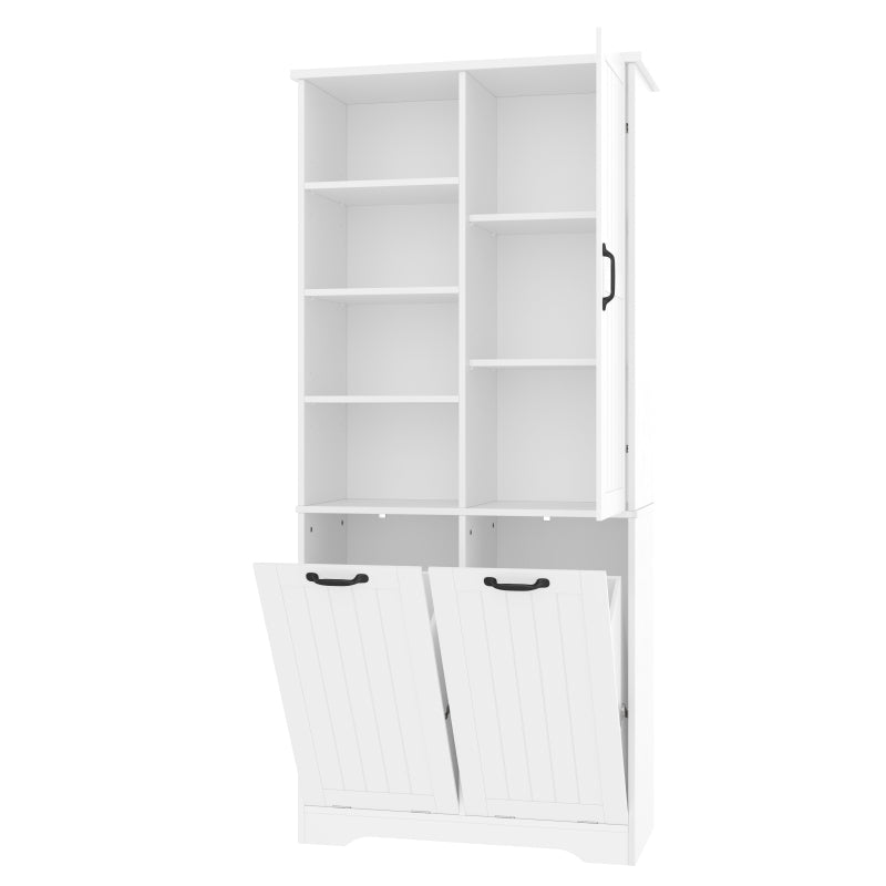 78 x 35 x 172 cm Badezimmerschrank, feuchtigkeitsbeständige Farbe, doppelter Wäschekorb, vier offene Fächer, eine Tür, drei Fächer in der Tür, verstellbare Regale, viel Stauraum, weiß