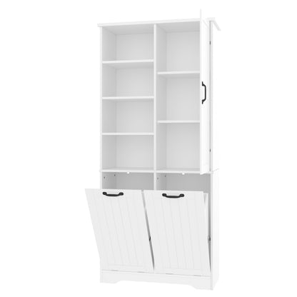 78 x 35 x 172 cm Badezimmerschrank, feuchtigkeitsbeständige Farbe, doppelter Wäschekorb, vier offene Fächer, eine Tür, drei Fächer in der Tür, verstellbare Regale, viel Stauraum, weiß