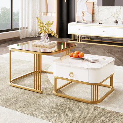 Stapelbarer Couchtisch: hochglänzende Marmoroptik und Teebraun Glasplatte, goldene Akzente, Beistelltisch mit Schubladen.  zweiteiliges Set