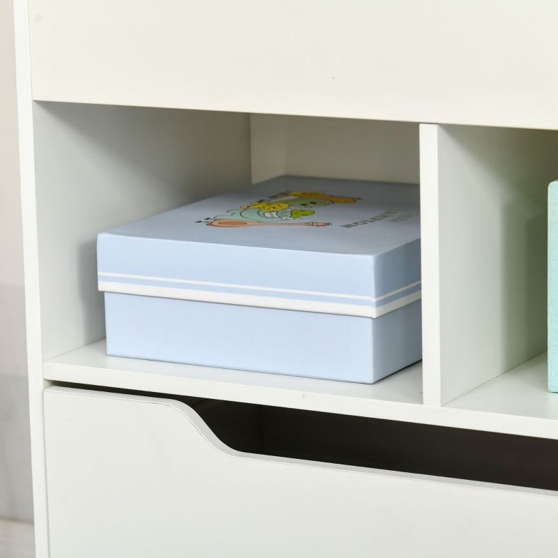 Kinder Bücherregal Kinderregal mit Schublade, 3 Ablagefächern und 2 offenen Fächern, Aufbewahrungsregal für Kinderzimmer, Spielzimmer, Weiß